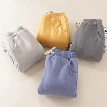 

Chic Lady Solid Color Drawstring Pocket Plush Casual Loose Sport Pants Trousers