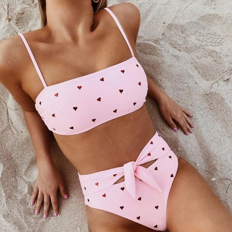 Bandeau Swimsuit Bikini Pink Push-Up Micro Biquini High-Waist Women