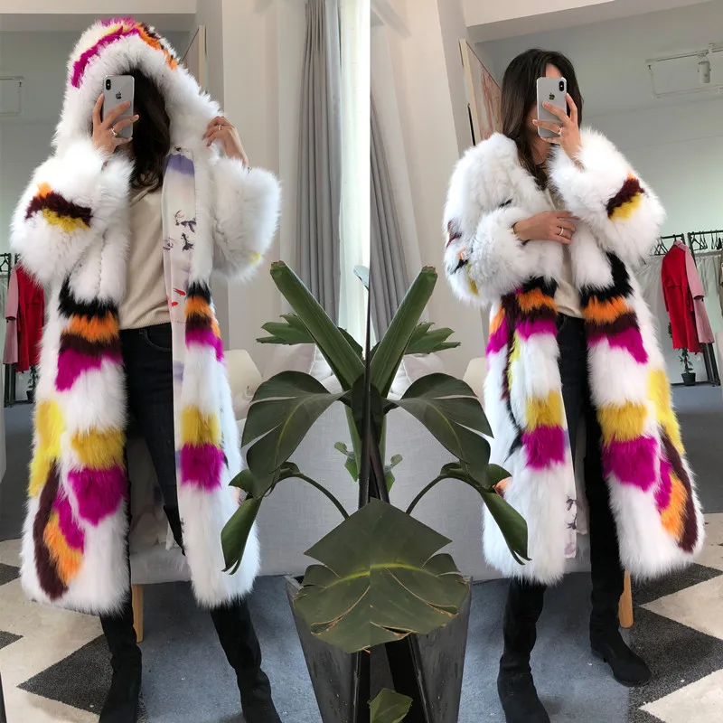 women fur coat with hood real fox fur knitted jacket long (1)