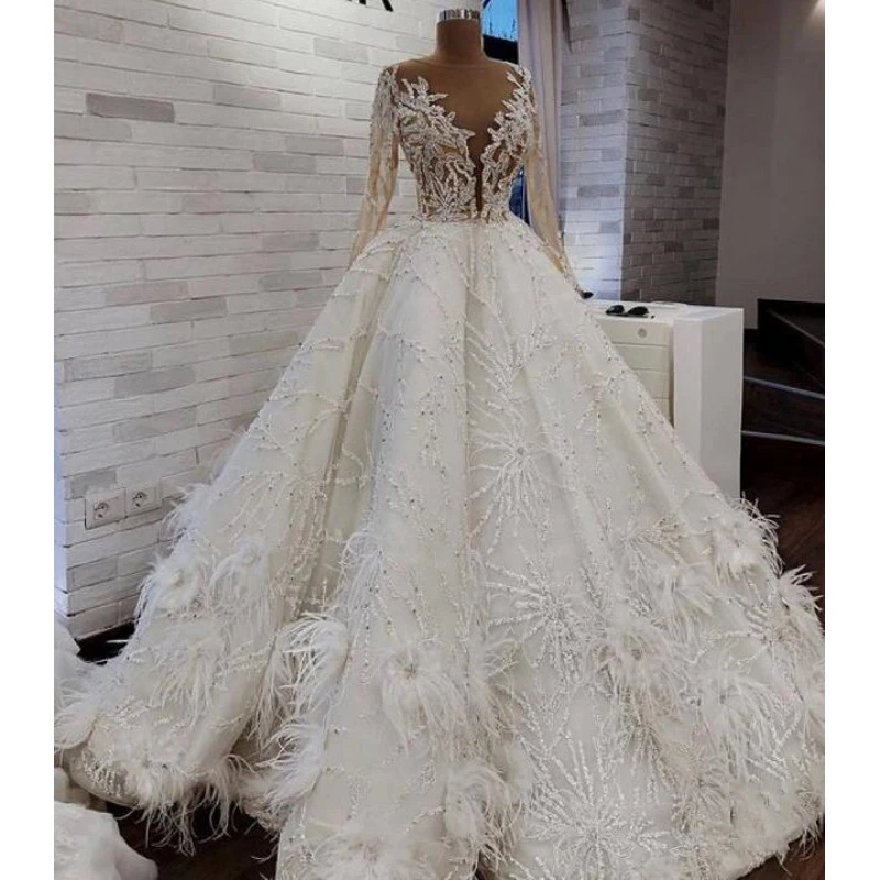 Дубай свадебное платье с v-образным вырезом на заказ vestido de noiva robe de mairee свадебные платья перо с длинным рукавом suknie slubne свадебные платья