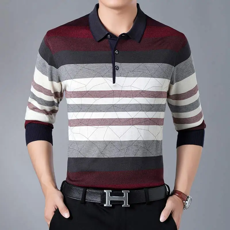 Бургундия brand casual striped fitness long sleeve polo shirt men poloshirt jersey luxury mens polos tee shirts dress fashions 81003 - Цвет: Бургундия