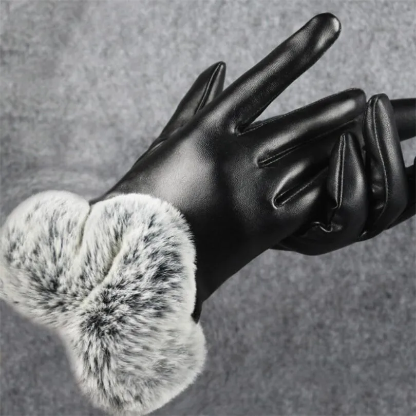 VIIANLES Модные женские варежки теплые толстые зимние перчатки кожаные элегантные брендовые варежки свободный размер с кроличьим мехом