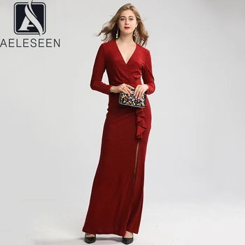 

AELESEEN 2020 New Design High Quality Velvet A-Line Long Dresses Women European High Class Elastic Luxury Party Solid Maxi Dress