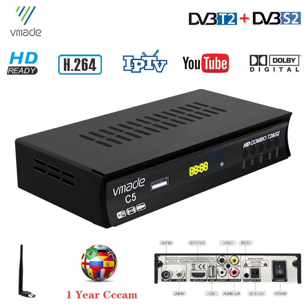 

DVB T2 DVB-S2 HD 1080P Digital Terrestrial Receiver Free Satellite TV Decoder 1 Year Cccam Server For Spain Portugal With WIFI