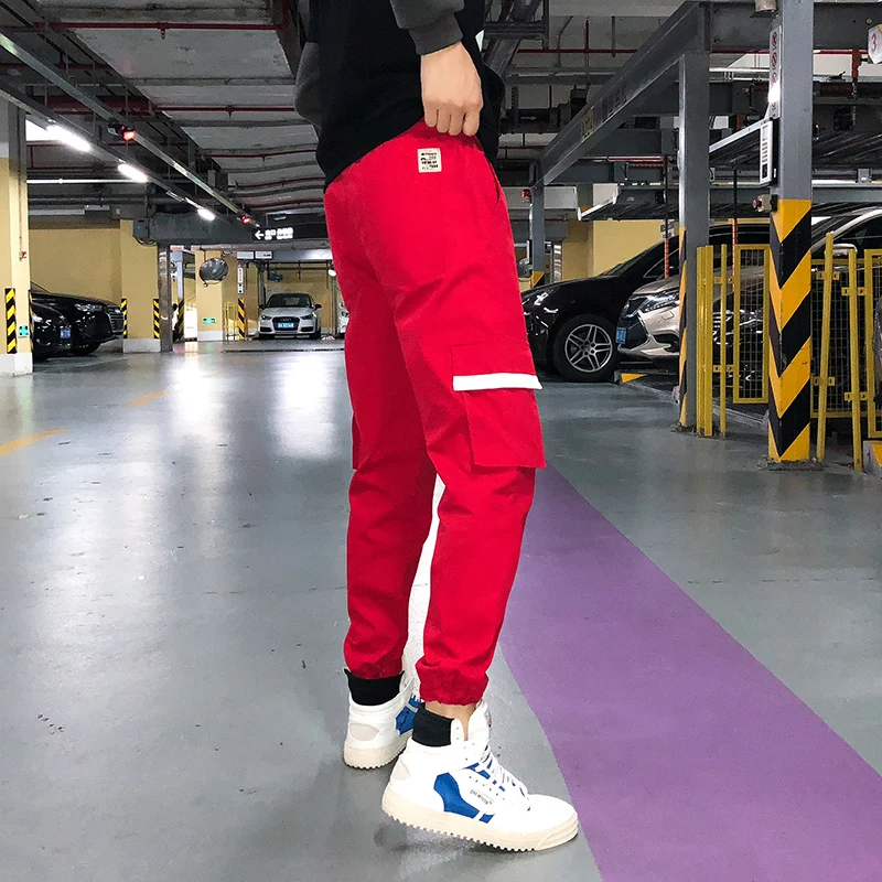 LANTIAN мужские брюки карго с боковым карманом мужские брюки хип-хоп Уличная Мужская джоггеры брюки, расцветка черная и хаки мужские повседневные спортивные брюки - Цвет: Red-2