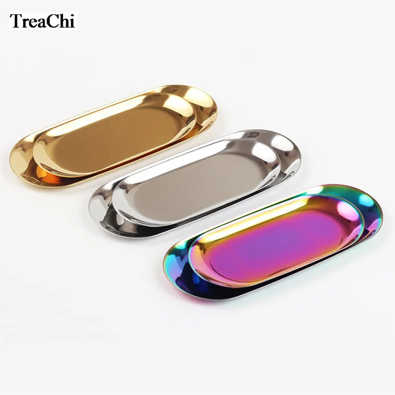 

Fine Metal Nordic Style Oval Jewelry Connection Tray Plate Staninless Steel Cosmetic Jewelry Fruit Home Decor Organizer Tray