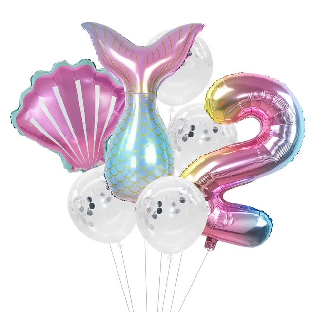 Little Mermaid Party Balloons 32inch Number Foil Balloon Kids Birthday Party Decoration Supplies Baby Shower Decor Helium Globos 7pcs number2 set