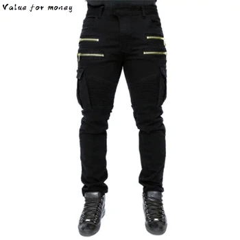 

Denim Black Green Biker Jeans Mens Skinny 2020 Runway Distressed Slim Elastic Jeans Hip Hop Washed Skateboard Trouers Streetwear