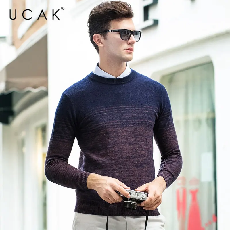 UCAK бренд мериносовой шерстяной мужской свитер осень зима толстый кашемировый пуловер мужской модный градиентный цветной мужской свитер Pull Homme U3055 - Цвет: Тёмно-синий