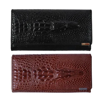

2 Pcs Women Wallet Patent Leather 3D Embossing Alligator Ladies Crocodile Long Clutch Wallets, Black & Brown