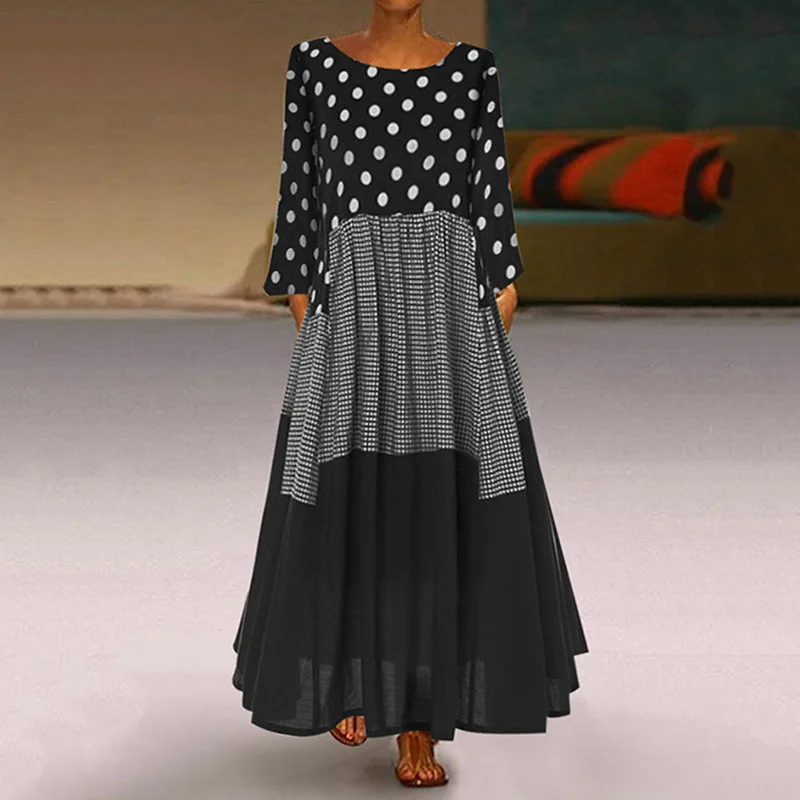 

Genuo New Women'S Patchwork Dress Cotton And Linen O-Neck Maxi Long Dresses Vintage Long Sleeve Female Dot Print Vestidos Loose