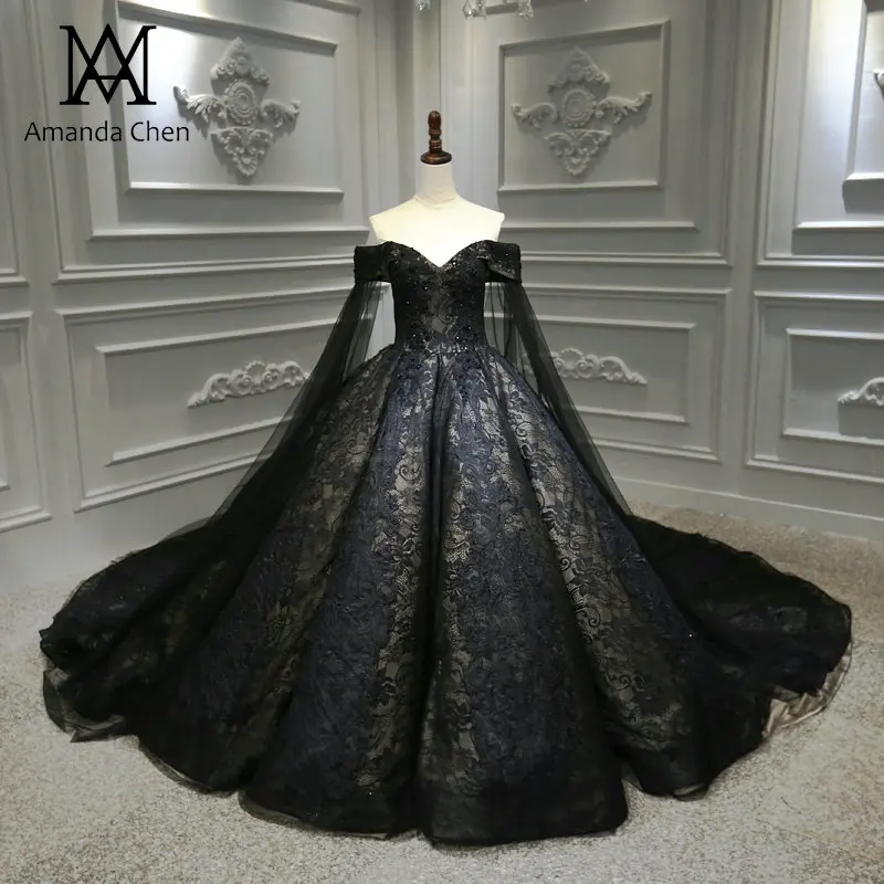 Платье принцессы роскошного черного цвета с открытыми плечами, кружевное свадебное платье с аппликацией