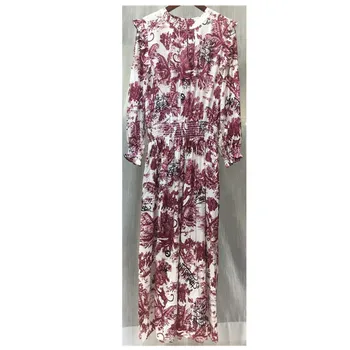 

Womens Printed Long Dress Round Neck Long Sleeve Shoulder Ruffle Decoration Autumn Winter Dress