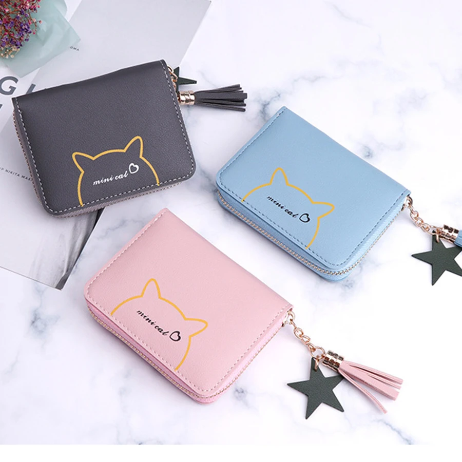 

Fashion Tassel Cat Print Short Wallet Mini Student Girls Fold Wallets Chic Credit Card Holders Casual Women Coin Purse New 2019