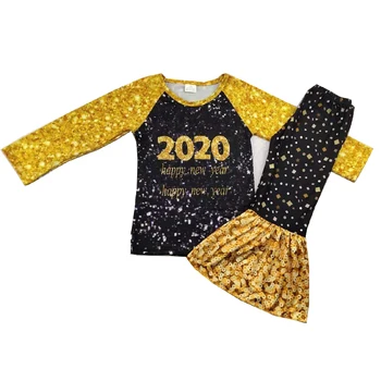 

New year's kid girl bell bottom outfits newest 2020 children girl clothing set