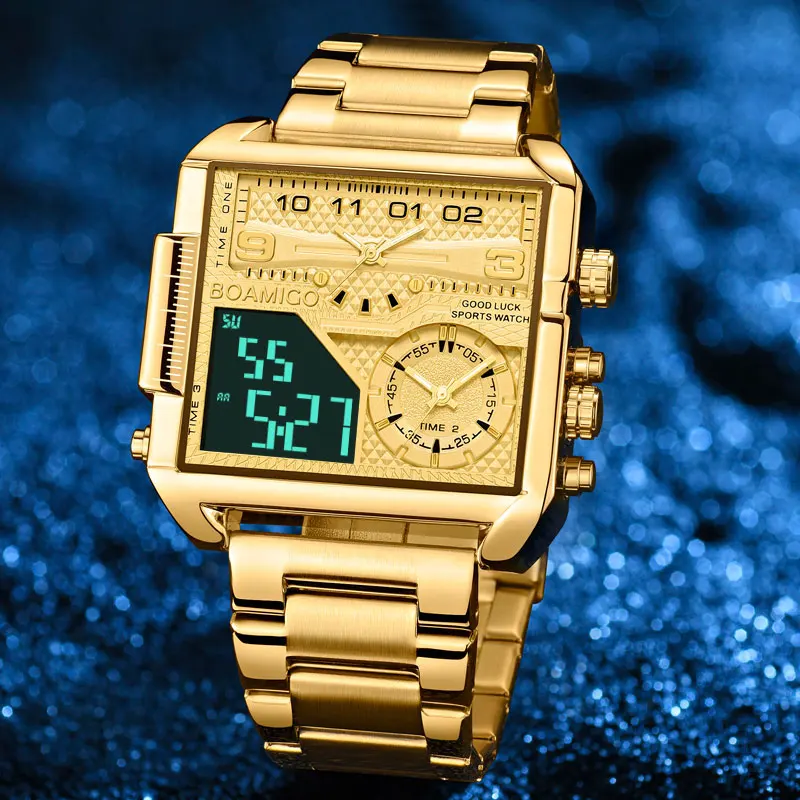 BOAMIGO 2022 New Top Brand Luxury militray Men Watches Gold Stainless Steel Sport Square Digital Analog Big Quartz Watch for Man new roco ho train model 73324 1 87 br114 db ag flywheel analog electric locomotive rail car hot wheels 2022