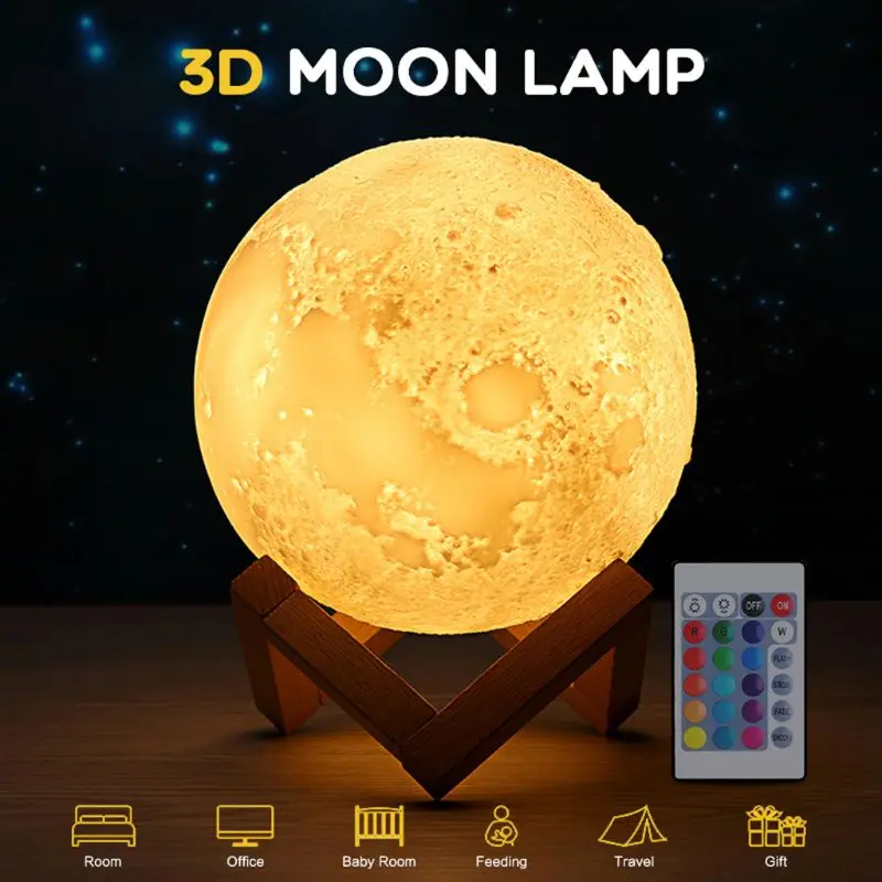3D Printing LED Moon Lamp 16 LED Colors USB Charging Rechargeable Nightlight Remote& Touch Control PVC& wood 12 HOURS