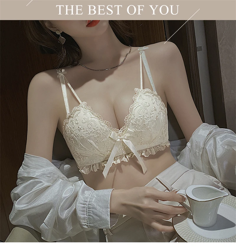 sheer bra and panty sets Underwear cute girl small breasts gathered bras no steel ring breast top support anti-sagging pure desire style bra set bra and thong set