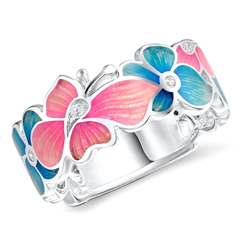 

New Creative Crystal Butterfly Flower Oil Painting Pattern Rings for Women Wedding Bridal Ring Valentine's Day Gift