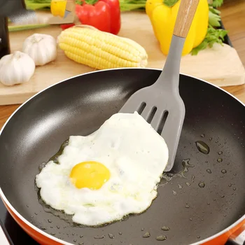

silicone kitchenware wooden handle nonstick spatula spoon turner soup ladle whisk kitchen cooking gadget tools
