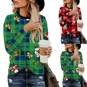 

Women Color Block Plaid Print Round Neck Long Sleeve Blouse Top Xmas Costume