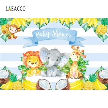 

Laeacco Baby Shower Photozone Tropical Leaf Pineapple Banana Coconut Animals Photography Backdrops Safari Party Photo Background