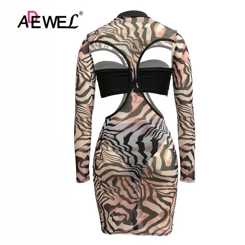 ADEWEL, модные сексуальные женские леопардовые сетчатые прозрачные вечерние мини-платья с длинным рукавом, Клубная одежда, женское сексуальное платье