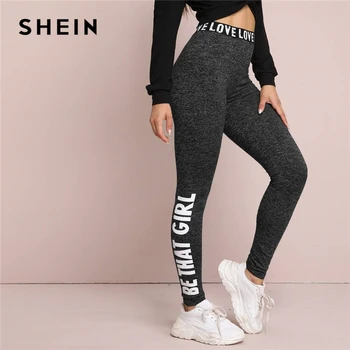 

SHEIN Black Letter Print Graphic Marled Leggings Women Bottoms Spring Elastic Waist Active Wear Casual Ladies Basic Trousers
