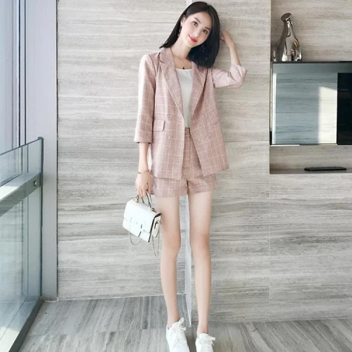 

Fashion New Vintage Loose Twi Piece Set A-line Plaid Zip Conjunto Feminino Korean Double Breasted Casual Women's Sets