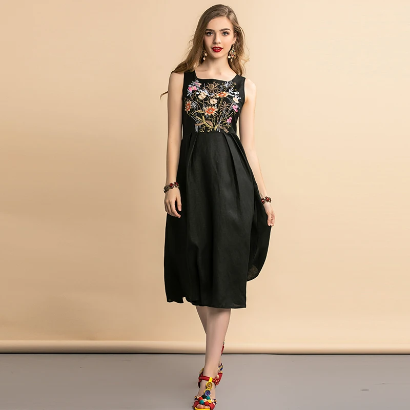 LD LINDA делла осеннее модное подиумное платье для отпуска женское элегантное платье без рукавов с цветочной вышивкой праздничное черное винтажное платье