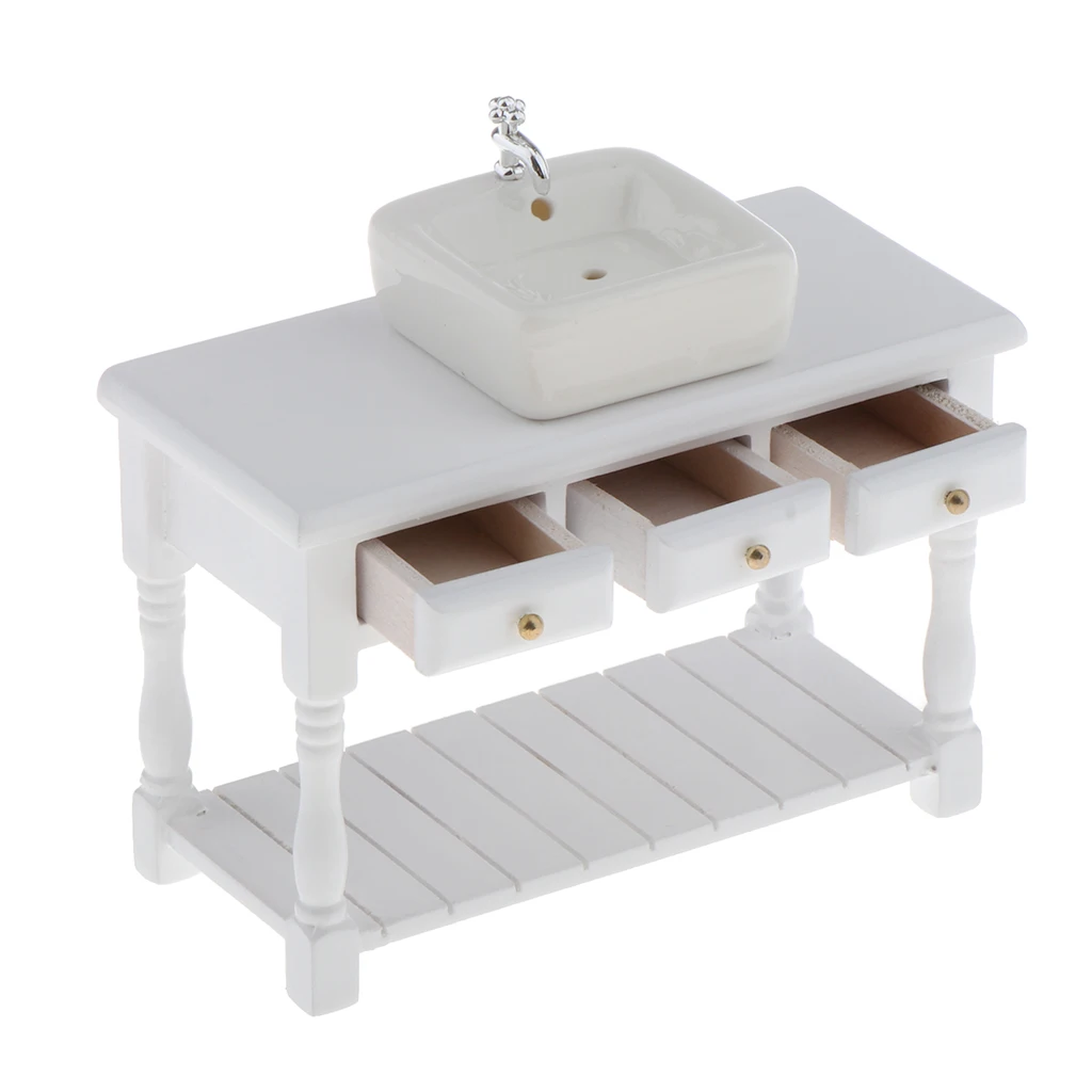 1:12 Mini Ceramic Wash Basin & Cabinet for Dollhouse Scenery Model Accessory