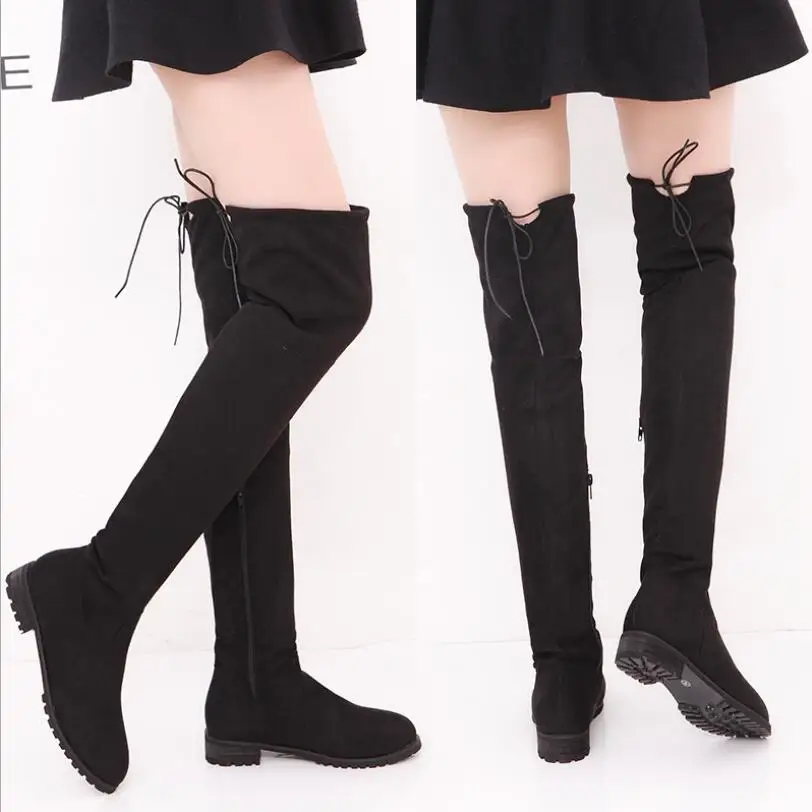 

Women Long Boots Low Square Heel Round Toe Side Zip Above Over The Knee Spring Autumn Boots Shoes Plus Size