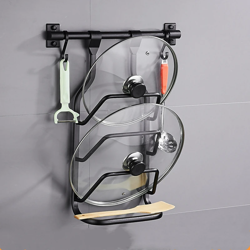 Black Stainless Aluminum Alloy Kicthen Wall Mounted Storage Rack Spice Shelf Chopping Board Holder Cutlery Container Organizer