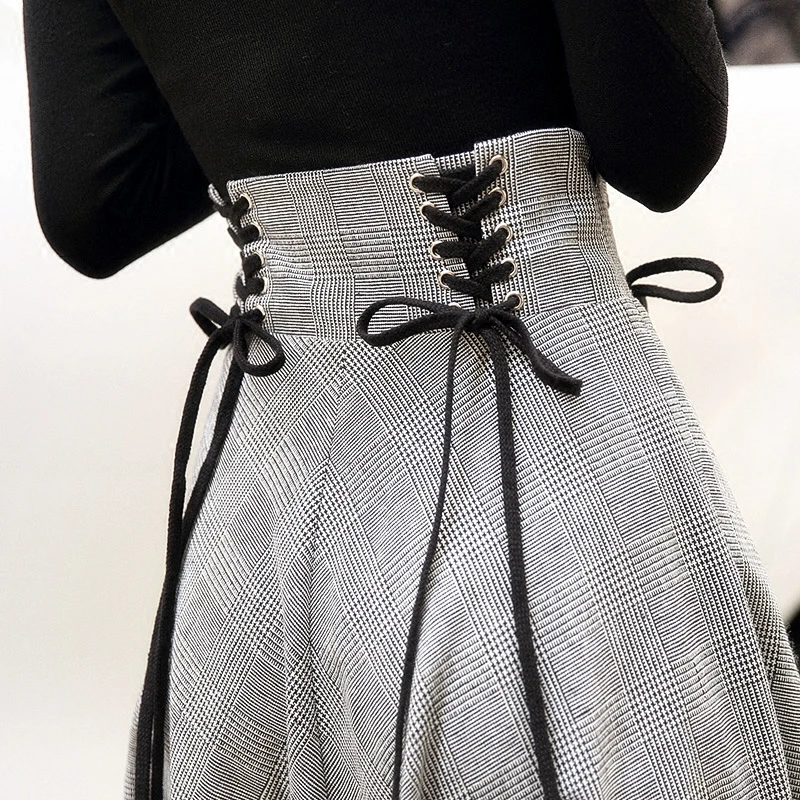 Russian Women High Street Stylish Classic Design Plaid Ball Gwon Print Skirt Empaire Lace Up Umbrella Quality Long Skirt
