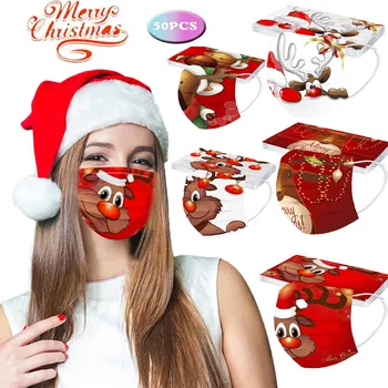 

50PCS Women Man Face Mouth Masks Christmas Elk Print Disposable Mask Earloop Mask Non-woven 3-layer Face Cover Mascarilla #BL2