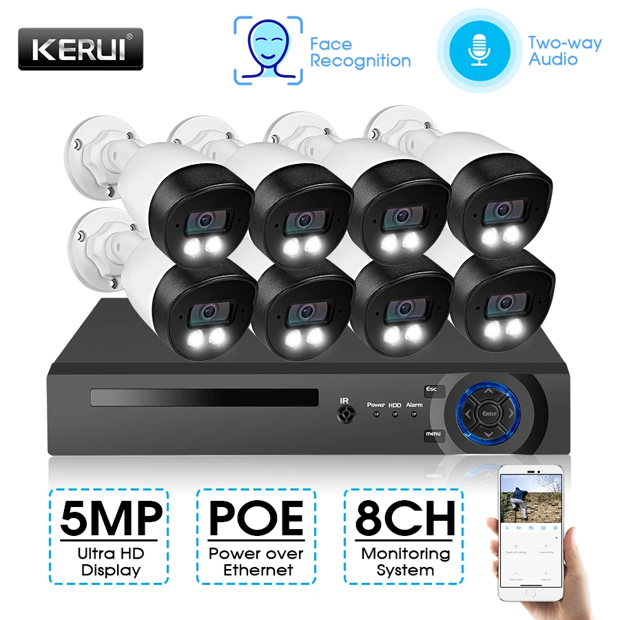 KERUI H.265 8CH 5MP POE Система безопасности камера AI лицевая запись IP ИК наружная