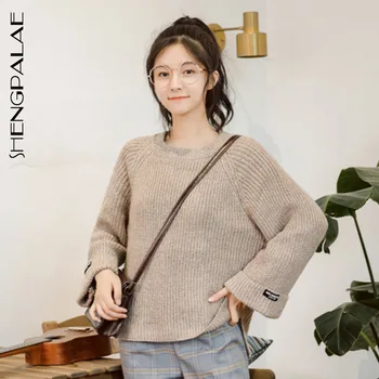 

SHENGPALAE 2020 Ladies Korean Loose Sweater Autumn And Winter Solid Color Sweet Round Neck Long Sleeve Knitted Pullover ZT1202