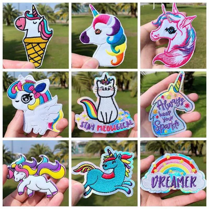 

Prajna Hippie Unicorn Patch Embroidered Patches For Clothing Iron On Patches On Clothes DIY Stripes Rainbow Cat On Kids Jacket