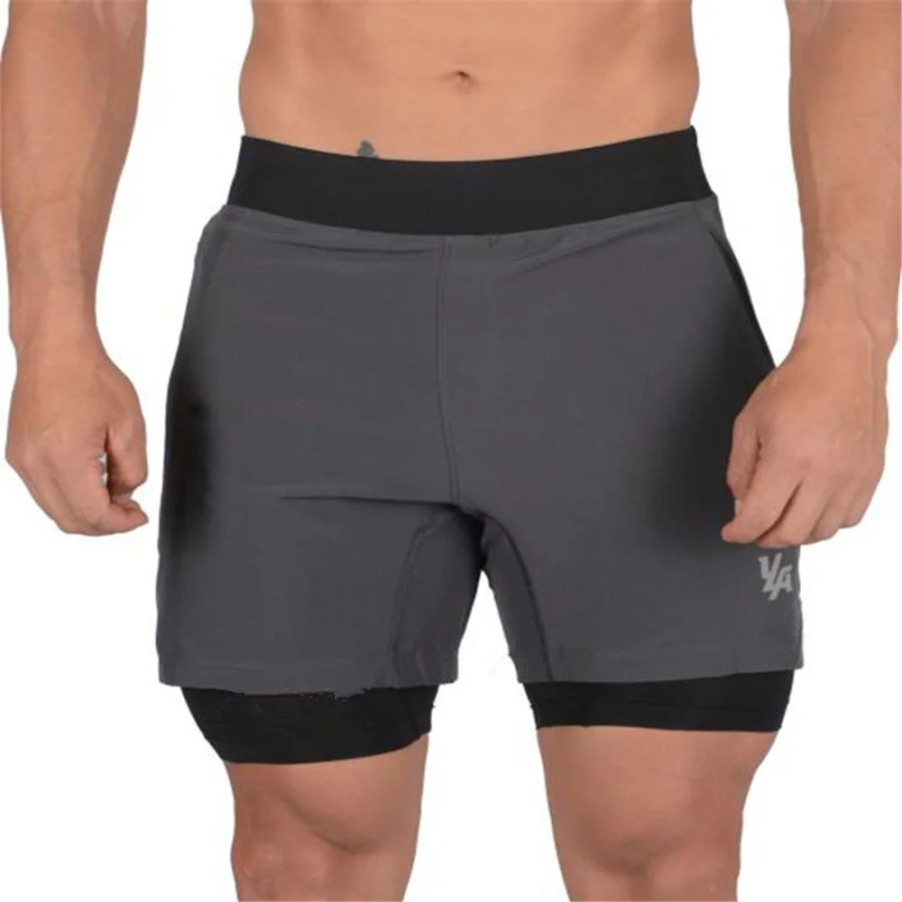 Muscle fitness basketball men's 2 in 1 short pants double fake two quick - dry running shorts Male mesh patchwork casual pants