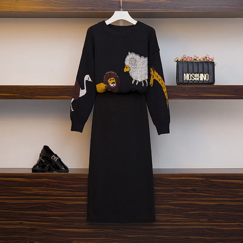 Свитер с рисунком размера плюс L-4XL, Женский вязаный комплект из 2 предметов, свободный жаккардовый джемпер jnit, юбка, костюм черного цвета