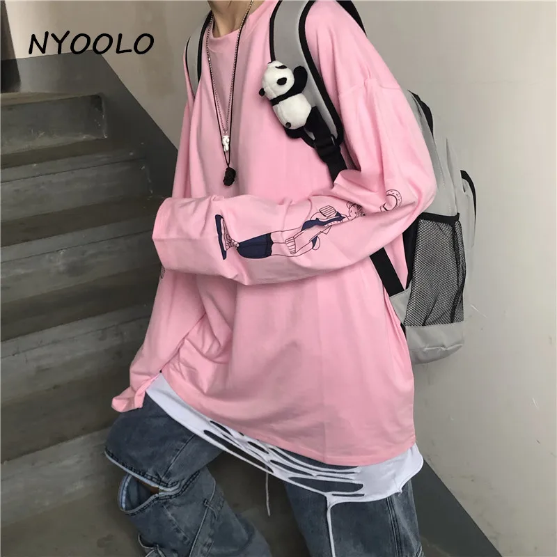 NYOOLO Harajuku стиль мультфильм девушка Солнце Луна рукав печати розовый Топы осень уличная одежда с длинным рукавом o-образным вырезом Футболка женская ткань