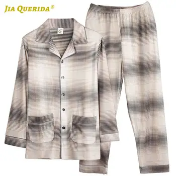 

New Soft White 100% Cotton Long Sleeve Long Pants Sleepwear Turn Down Collar Pajamas Set Pj Set Man Clothes Plaid Printing