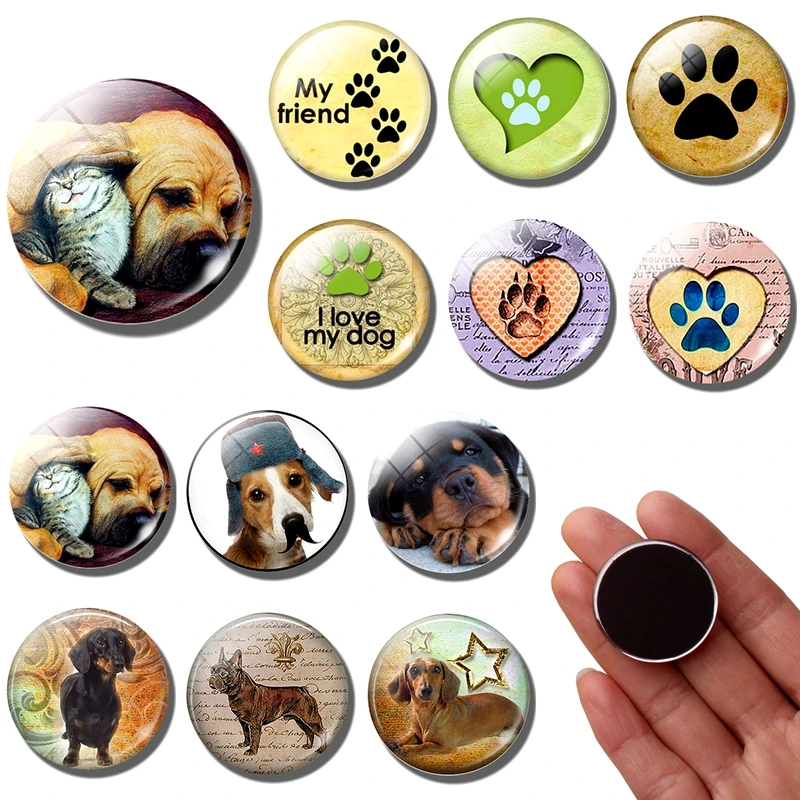 Dog Paw 30 MM Fridge Magnet Cute Pet Puppy Dog Animal Glass Dome Refrigerator Magnets Stickers Decor Message Board Home Decor