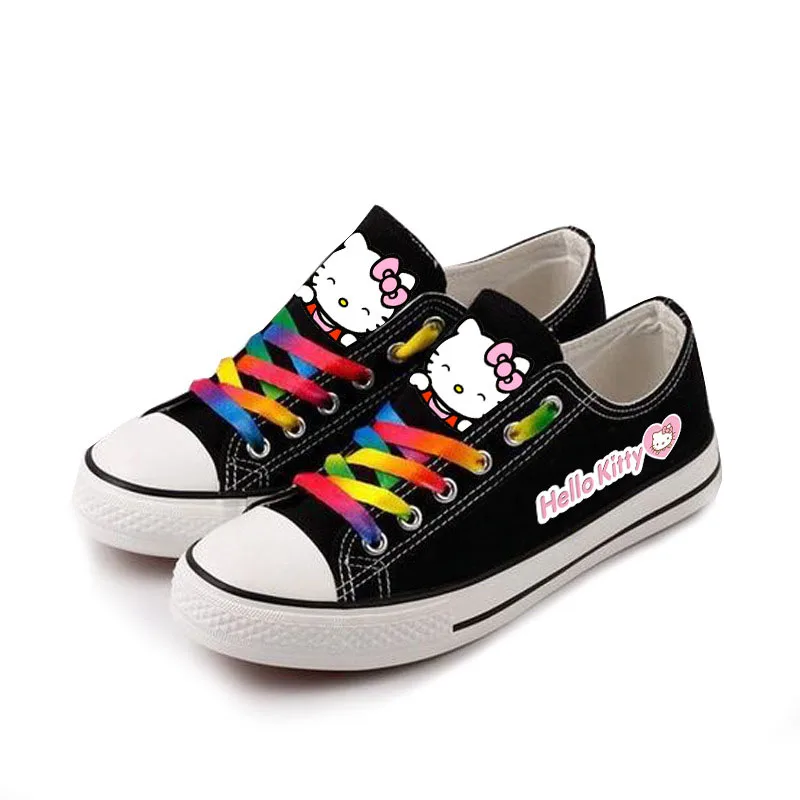 Hello kitty/Летняя женская парусиновая обувь на плоской подошве; Туфли-оксфорды с милым котом; обувь с резиновой шнуровкой; женская обувь для отдыха на плоской подошве