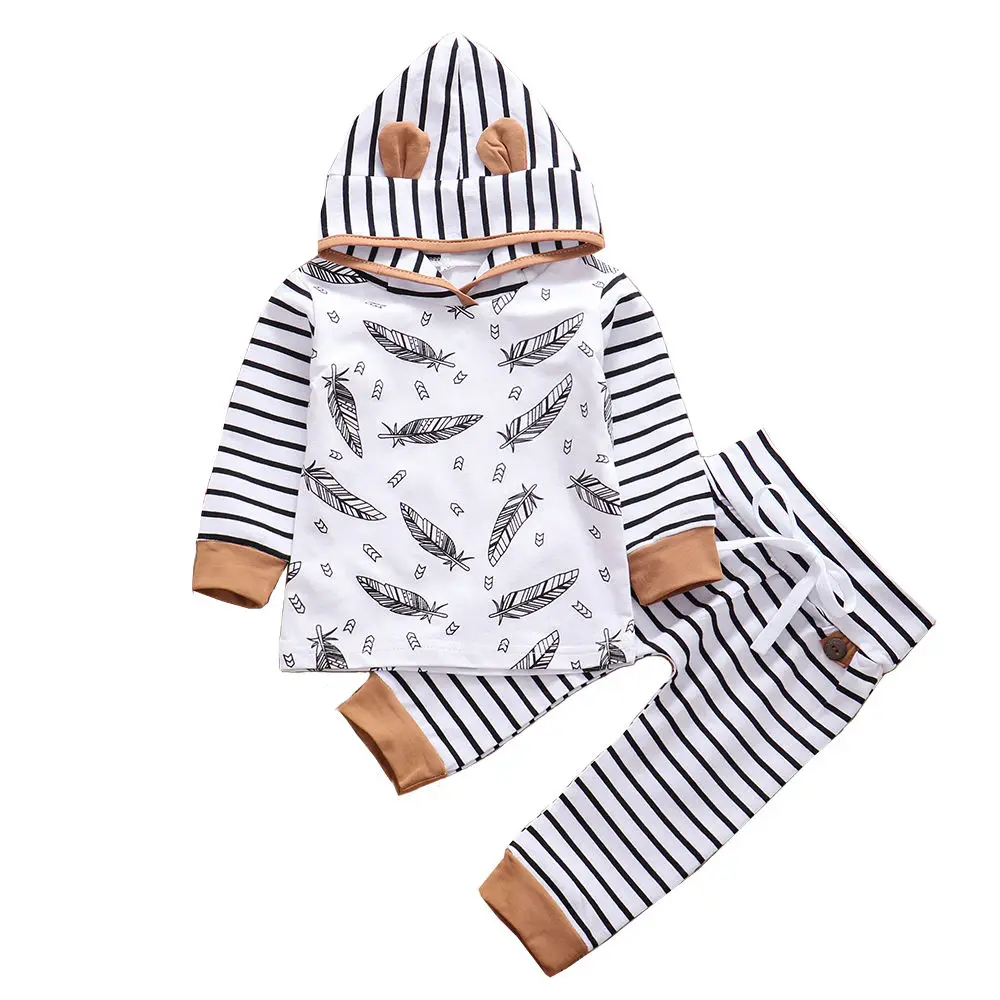 

Newborn Baby Boy Clothes Set Cotton Feather Hooded Tops Striped Pants Infant Girl Clothes Outfits Set roupa infantil bebe