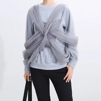 

2020 New Spring Autumn Round Neck Long Sleeve Gray Mesh Cross Split Loose Temperament Sweatshirt Women Fashion