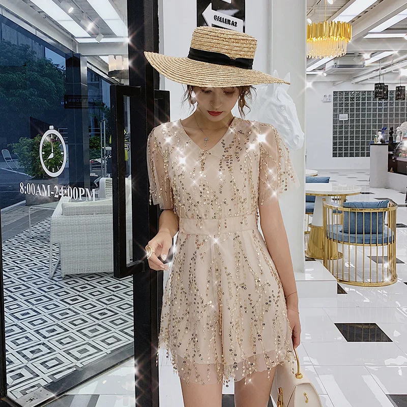 

2019 Summer Wear New Style Korean-style Sequin Strapped Dress Best Friend-Very Fairy of France Non-mainstream Platycodon Grandif