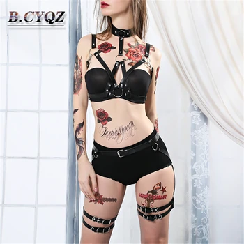 

B.CYQZ 2 Piece Set Sexy Leather Harness Bondage Leg stocking belt Underwear Women gothic Garter Body Cage Waist female Belts