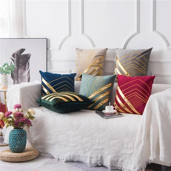 

Nordic Geometric Pillowcase Velvet Cushion Cover 45*45cm Grey Blue Stripe Embroidered Sofa Pillow Cover Home Decor Throw Pillows