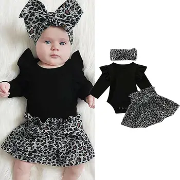 

3PCS Newborn Kids Baby Girls Clothing Spring Auutmn Long Sleeve Ruffles Black Romper Bodysuit+Leopard Bowknot Tutu Skirt Dress